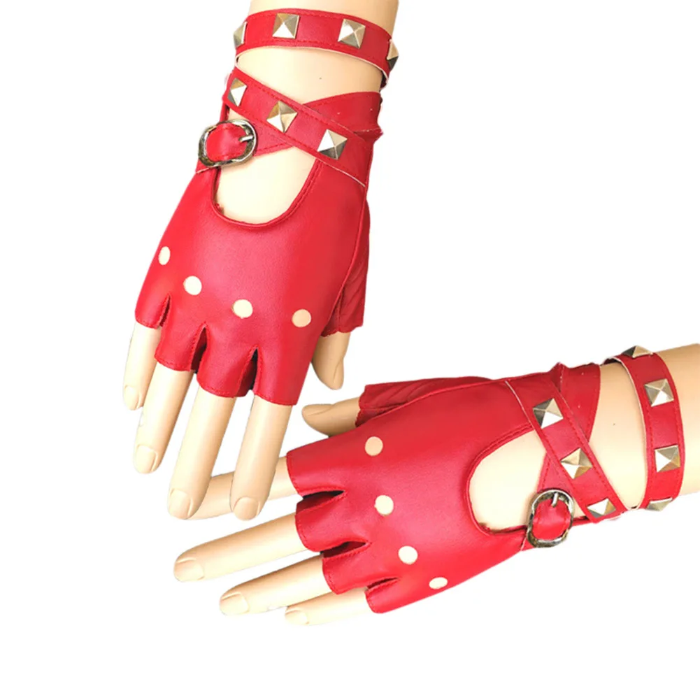1 пара половина палец из искусственной кожи перчатки рок в стиле панк с заклепками без пальцев мотоциклетные перчатки без пальцев - Цвет: Красный