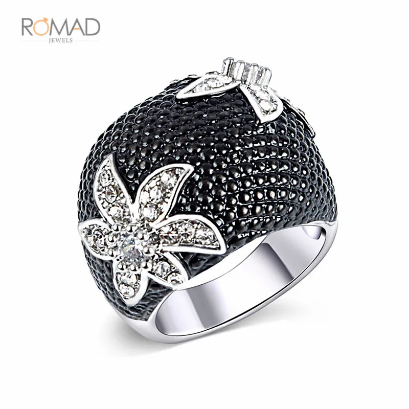 

Romad Personality Vintage Black Cubic Zirconia Big White Flower Rings For Women Jewelry Gift