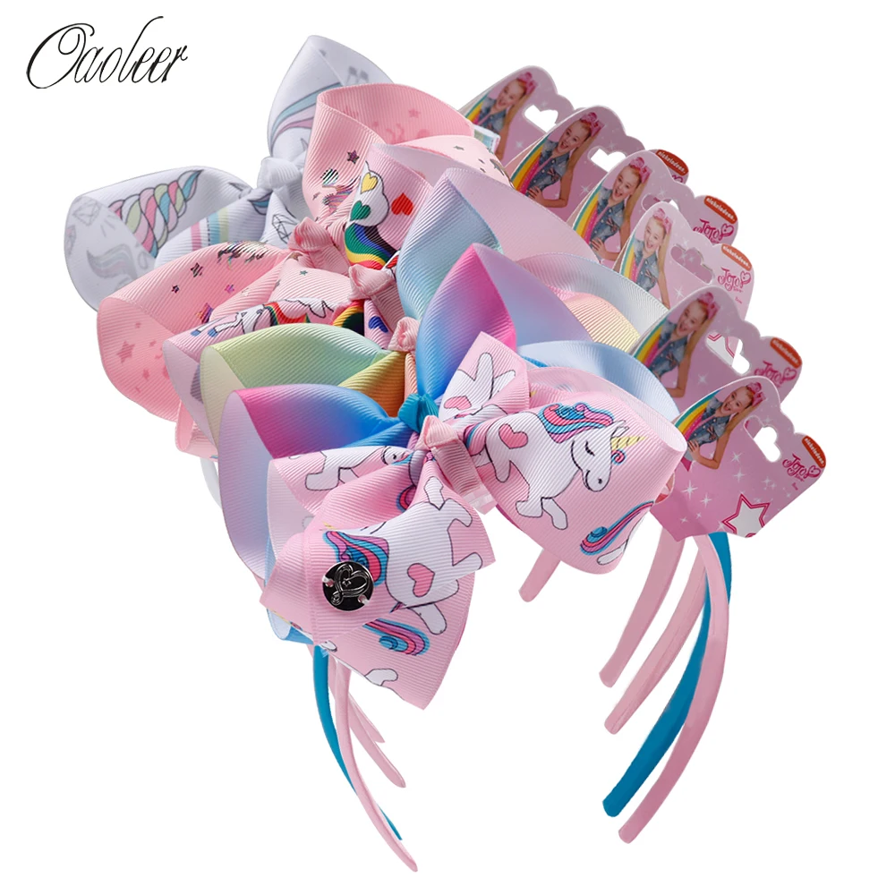 

6 Pcs/Lot Fashion Girl Cartoon Hair Bow Headband Boutique Rainbow Printed Handmade Ribbon Hairbands Children Hair Accessories