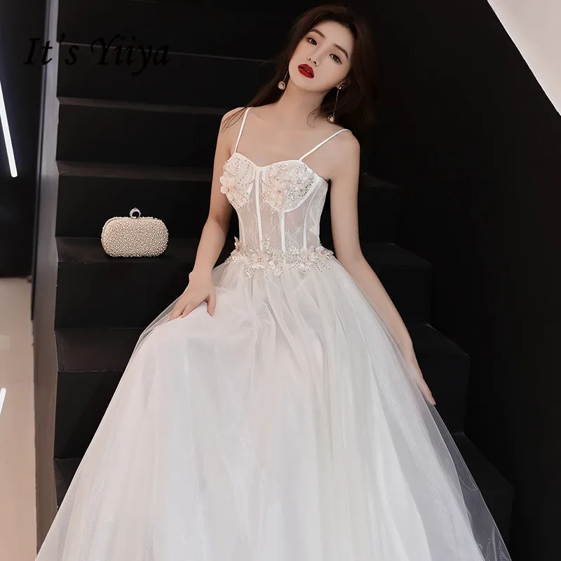 

It's YiiYa Evening Dresses Elegant Embroidery Flowers Wedding Formal Dress Spaghetti Srap Lace Illusion A-line Party Gowns E317