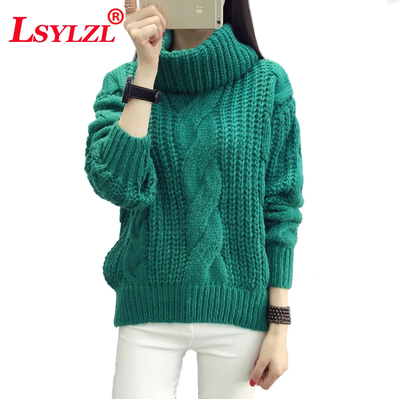 

Autumn Winter New Thick Warm Thickening Twist Loose Turtleneck Women Knit Pullover Sweater Khaki/Gray/Green/Rose Red B612