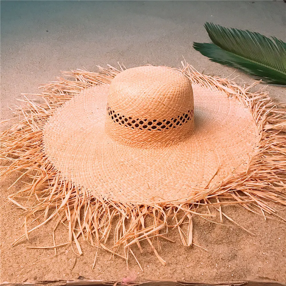 Handmade Weave Raffia Straw Women Beach Sun Hat With Floppy Wide Brim