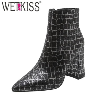 

WETKISS Print Emboss Pu Boots Women High Heels Hoof Ankle Boot Female Warm Pointed Toe Shoes Ladies Party Zip Shoes Winter 2020