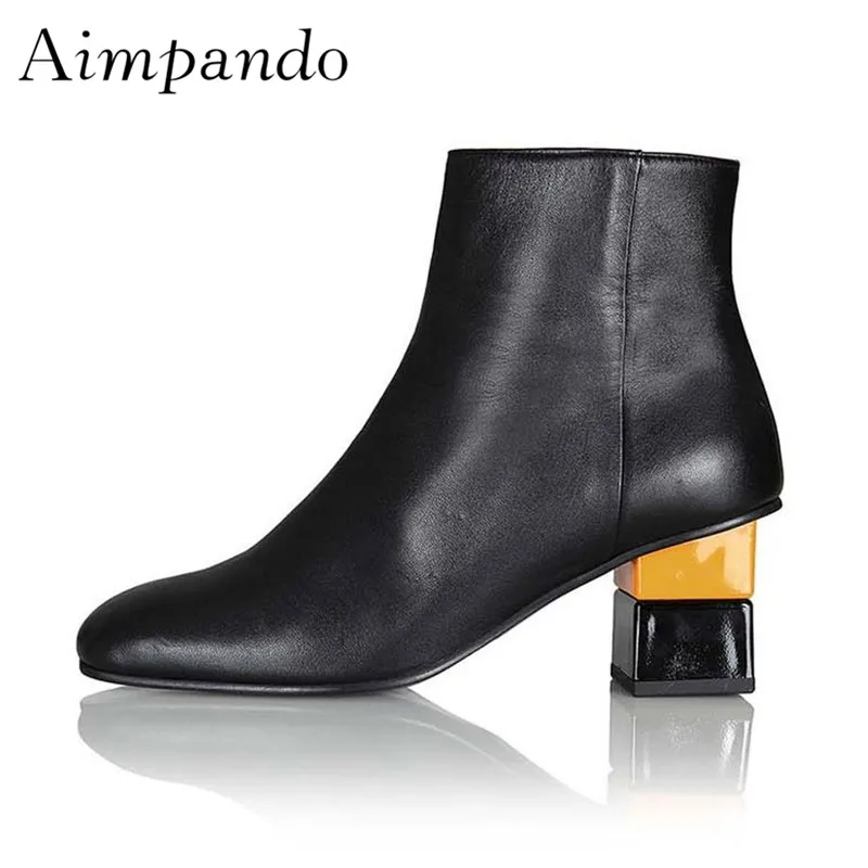 

Candy Color Patchwork Square Heel Ankle Boots Side Zip Black Leather New Autumn Winter Runway Booties Women