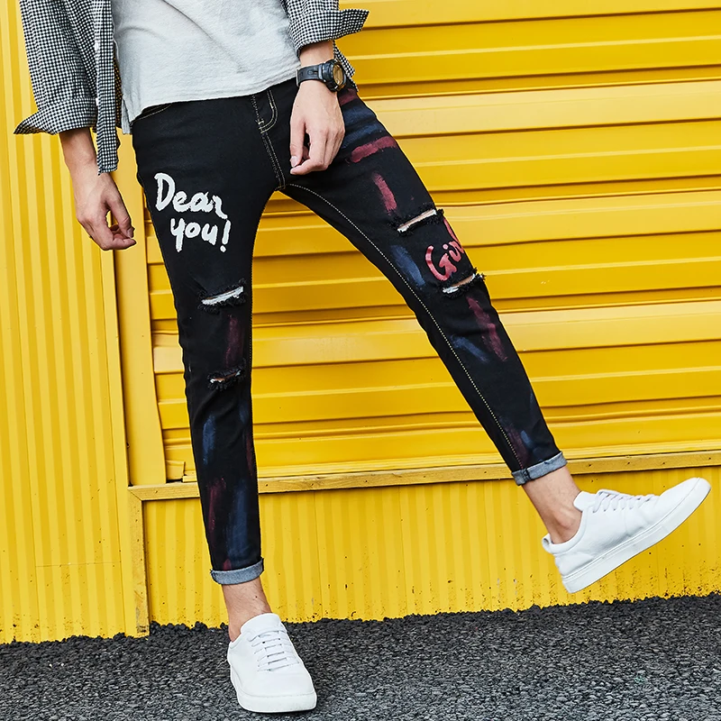 

New Skinny Jeans Men's Self-cultivation Letter Graffiti Pencil Pants Men's Cotton Elastic Youth Fashion Denim Pants Size 28-34