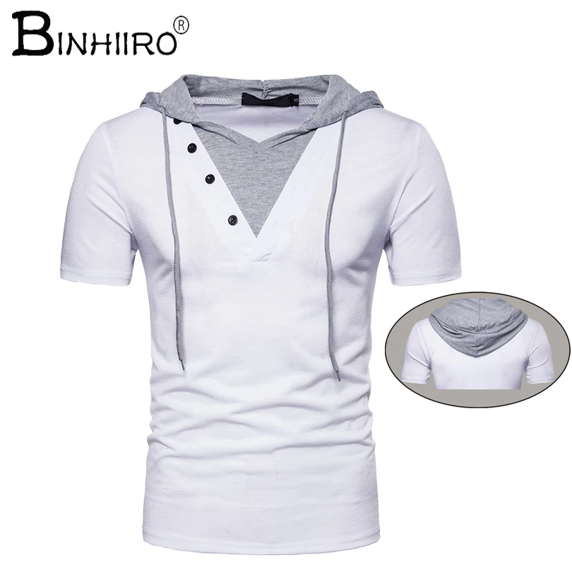 

BINHIIRO Summer cotton mens hoodie tshirt solid casual v neck Pullover Hoodies Tops Hooded Sling Short-Sleeved Tees Arrival new