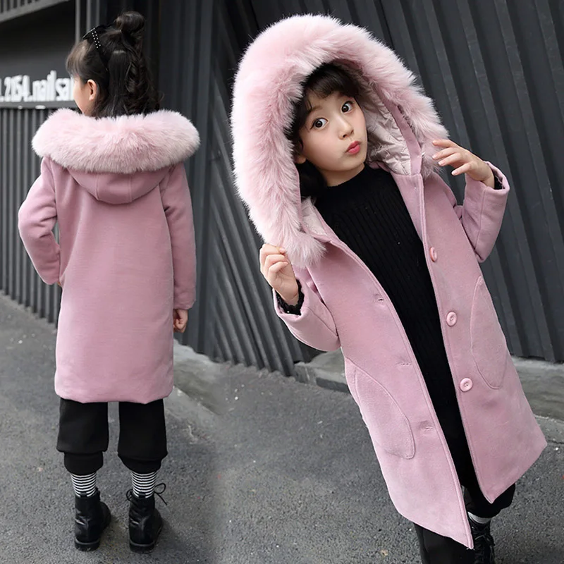 Детские зимние шерстяные пальто для девочек-подростков; однотонные длинные шерстяные пальто; Верхняя одежда для девочек; Одежда для девочек; парка для девочек - Цвет: Розовый