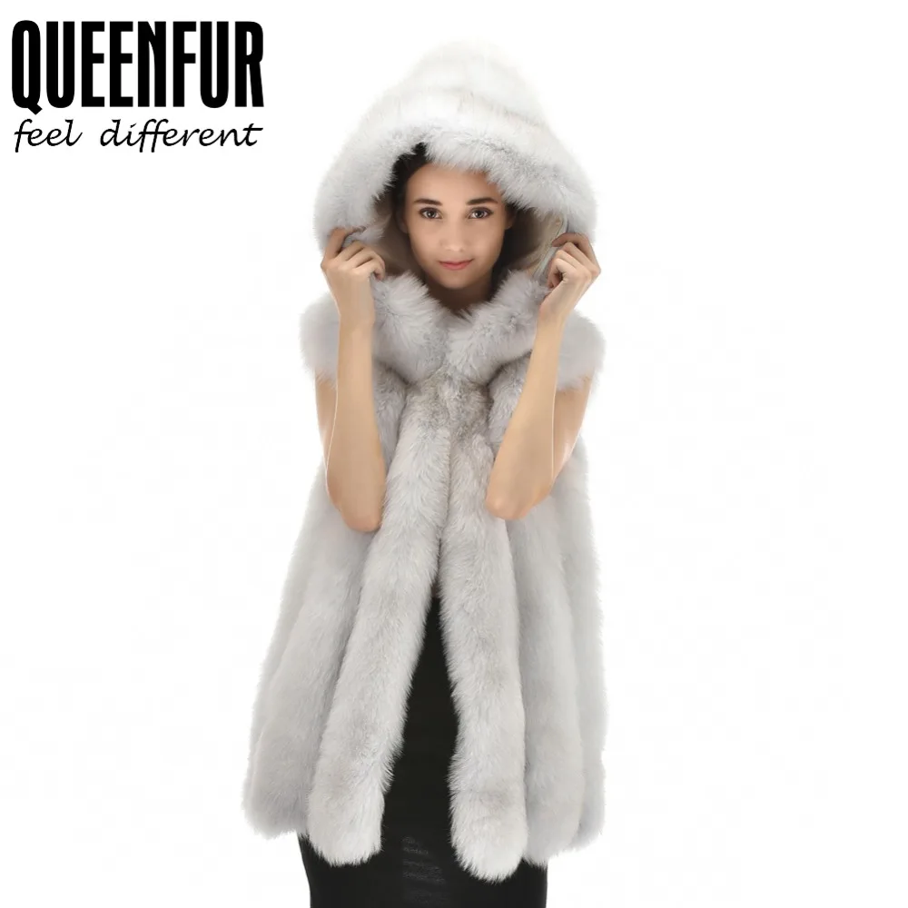QUEENFUR New Genuine Fox Fur Vest With Hood Winter Women Whole Skin Fox