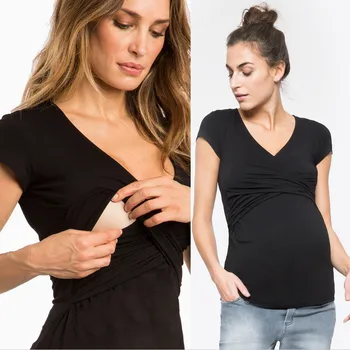 

Women Breastfeeding Tops V Neck Mom Pregnant Nursing T Shirts Clothes Plus Size Solid Cross Maternity Tee Shirt for Pregnancy