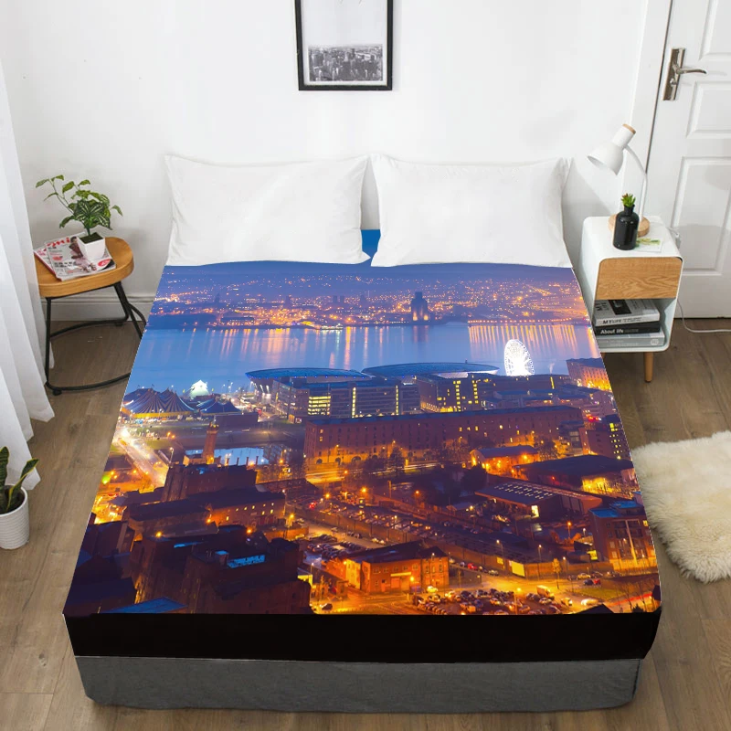 

3D HD Digital Printing Bed Sheet With Elastic,Custom Fitted Sheet Twin/Full/Queen/King,City night Mattress Cover Bedding 160x200