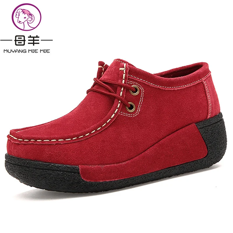 MUYANG Chinese Brand Fashion High Heels Women Genuine Leather Single Wedge Platform Shoes Woman Swing Casual Wedges Women Pumps