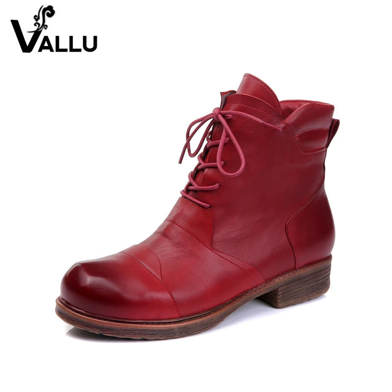

VALLU Orginal Genuine Leather Women Boots Low Heels Vintage Handmade Women Ankle Boots Leather Boots
