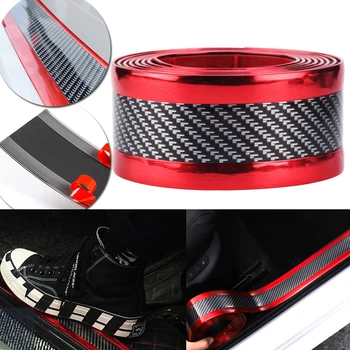 

9.8" Universal Carbon Fiber Door Sill Protector Anti-Scratch Car Body Sticker Guard Strip Rubber Styling Decoration (Red Chrome)