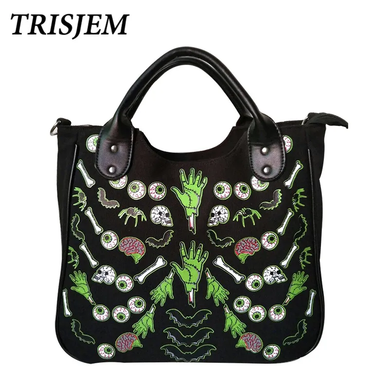 

Women Gothic Skeleton Bones Skulls Bags Rock Designer Female Rock Black Women's Casual Totes Punk Bags Fashion Handbag