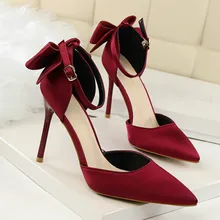 Plus Size Summer Solid Party Women Pumps Shallow Pointed Toe Buckle Strap Satin Upper Bow 10cm Thin High Heels Female Shoes цена Plus Size Summer Solid Party Women Pumps Shallow Pointed Toe Buckle Strap Satin Upper Bow 10cm Thin High Heels Female Shoes цены онлайн
