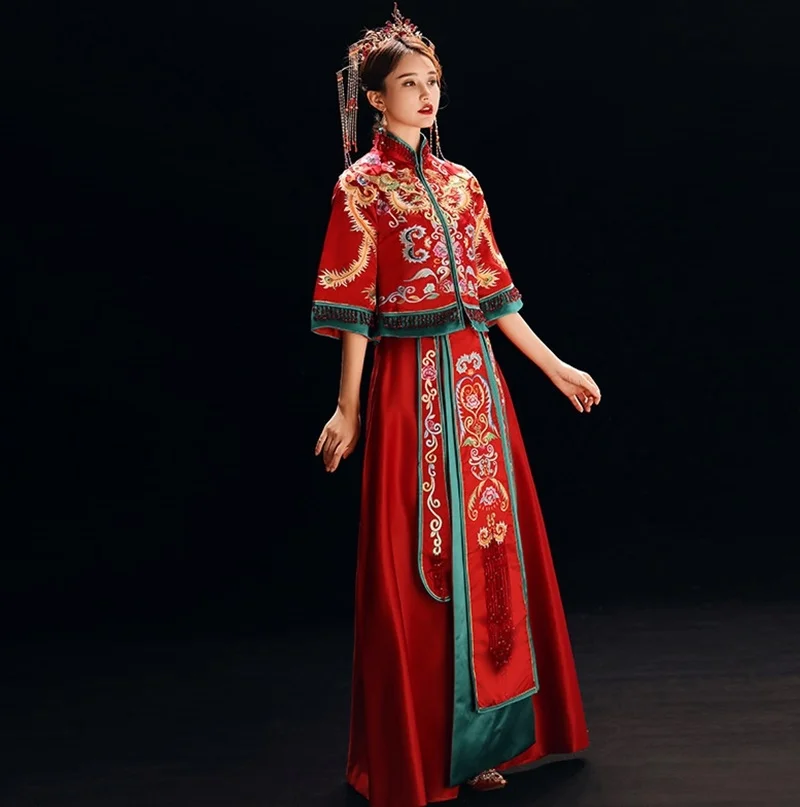 Традиционное китайское свадебное платье, винтажное свадебное платье, древний суд, платье с вышивкой, зеленое чонсам, свадебное платье TS833
