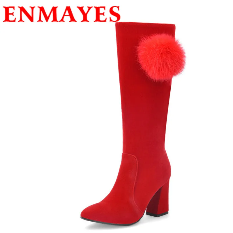 

ENMAYES Zippers High Heels Round Toe Fur Ball Charms Shoes Woman Size 34-39 Mid-calf Boots Sexy Red Platform Shoes Short Boots