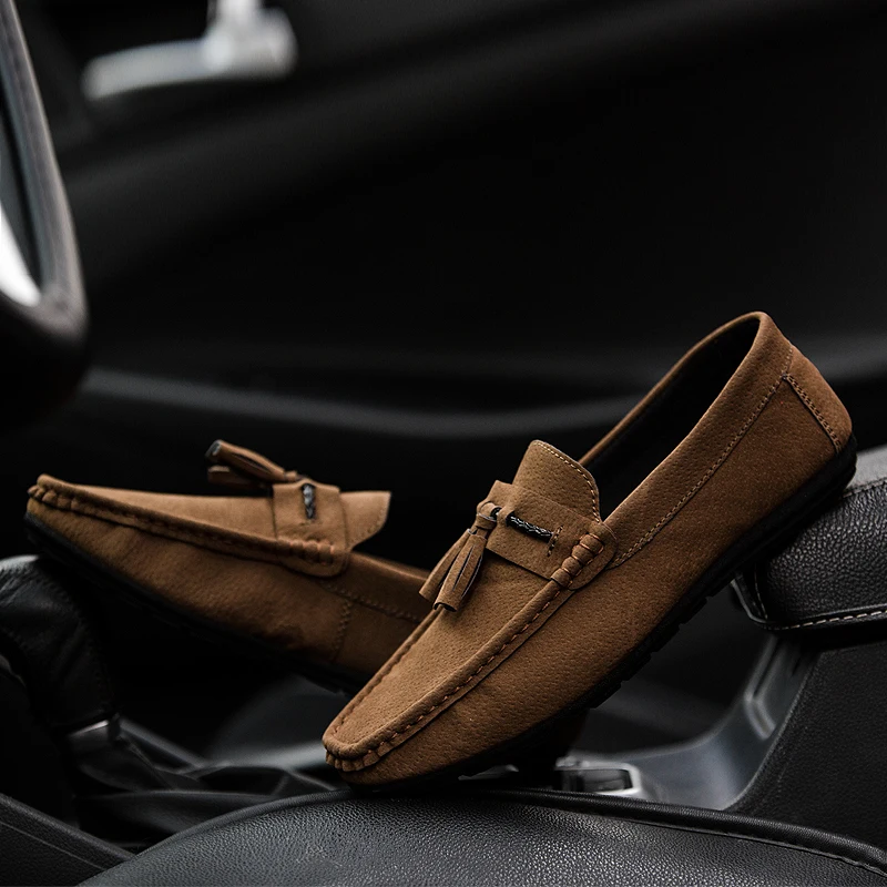 Men Leather Shoes Suede Loafers Shoes Breathable Soft Round Head Flat Slip-On Outdoor Moccasins Peas Casual Shoes Driving Shoes (18)