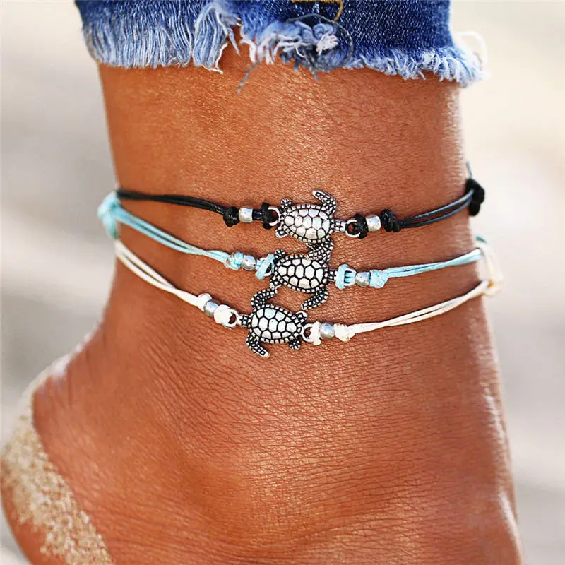 Boho Multilayer Turtle Shell Beads Anklets For Women Moon Sun Vintage Beach Rope Ankle Bracelet on Leg Summer Foot Jewelry