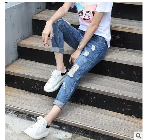 2017 Womens Spring And Summer Denim Pants Loose Casual Ankle-Length Pant Hole Cross-Pants Jeans Cowboy Pant Trousers K140