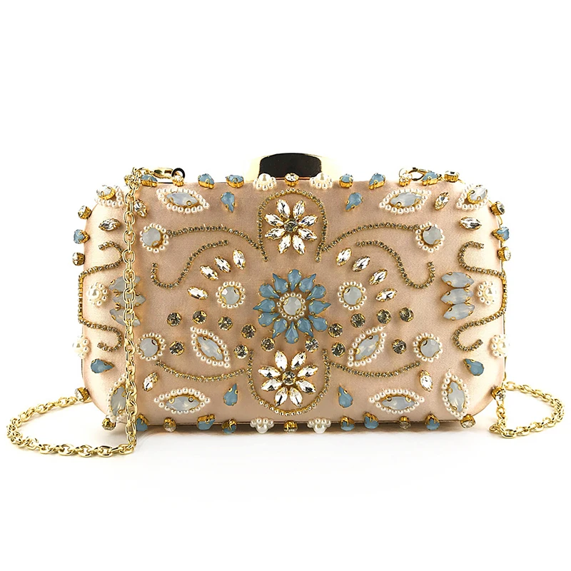 Luxy Moon Gold Satin Floral Clutch Bag With Strap Front View