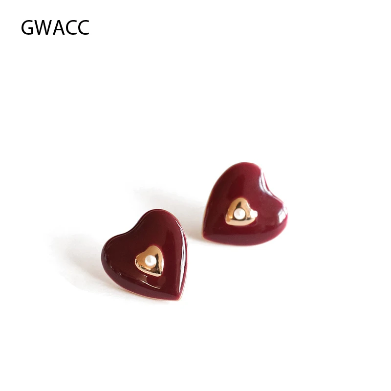 

GWACC New Love Oil Drip Stud Earrings For Women Berry Color Heart Shape Cute Pearl Earrings Original Earrings Fashion Jewelry