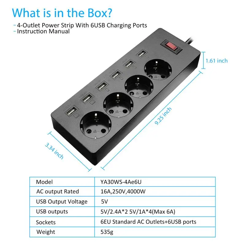 Несколько Мощность полосы Стабилизатор напряжения штепсельная вилка европейского стандарта на выходе 6 переменного тока Электрический Мощность адаптер выключатель розетки с USB 1,8 м кабель-удлинитель