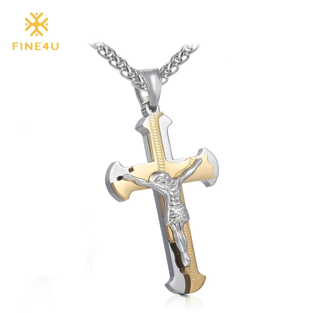 

2018 New FINE4U N044 Cross Pendant Necklace For Men Women 316L Stainless Steel Jesus Christ Necklaces Crucifix Charm Jewelry