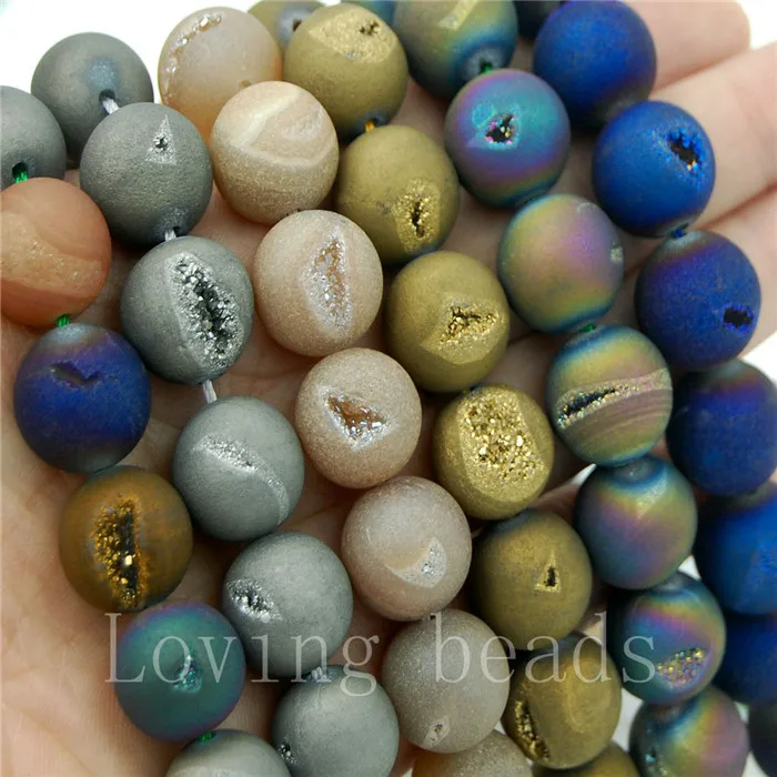 

5Strands/Lot Metallic Titanium Coated Mixed Natural Quartz Crystal Round Druzy Stones Beads 8mm 10mm 12mm 14mm 7.5"