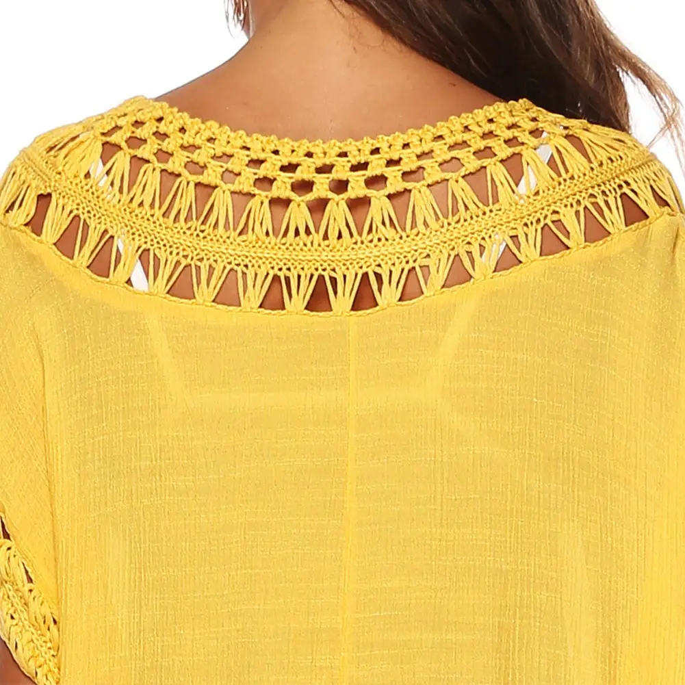 

Women Bikini Swimsuit Cover Summer Boho V-neck Kaftan Tunic Hollow Loose Beach Dress BHD2