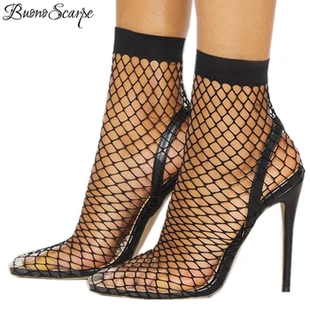 

Buono Scarpe Women Pointed Toe Mesh Holes Sandales Sexy High Heels Stiletto Transparent Shoes Black Brand Designer Party Boots