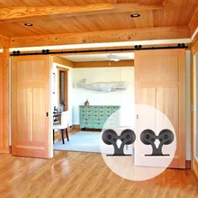 LWZH 11ft/12ft Sliding Barn Wood Door Hardware Set Black Steel Closet Sliding Door Double T Shaped Track Roller for Double Door