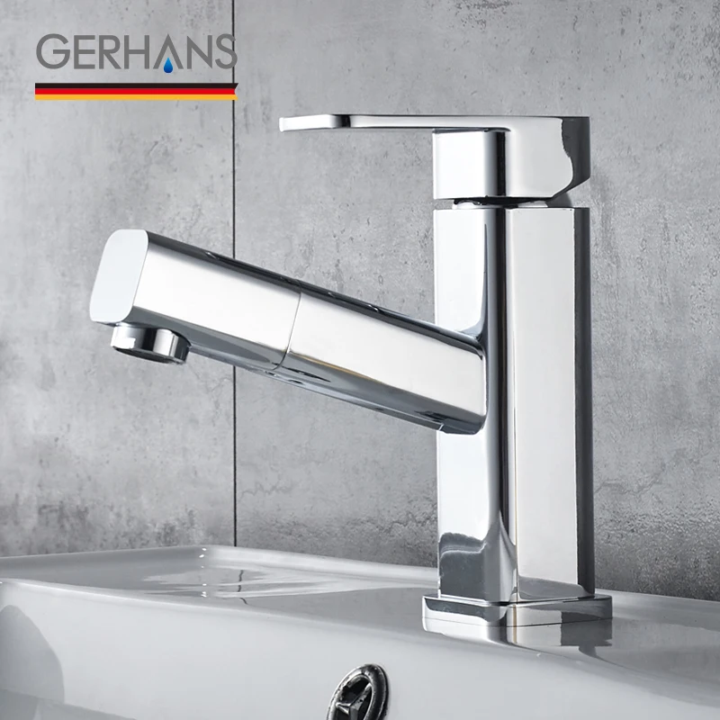 

GERHANS pull out mixer faucet for bathroom single handle basin faucet chrome plated hot and cold water sink mixer tap K11016