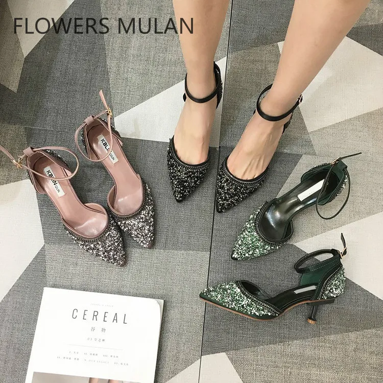 

2018 New Style High Fashion Diamond Upper Sexy Pointed Toe Lady High Heels Pumps Sequined Cloth Cover Heel Ankle Buckle Shoes
