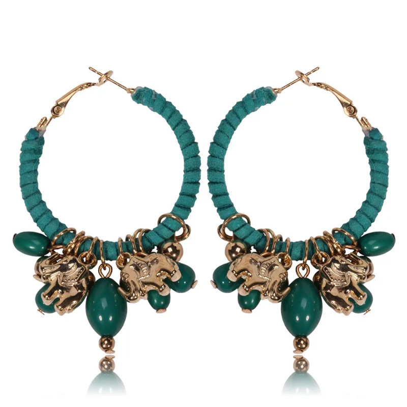 

Handmade Ethnic Boho Resin Beads Tassel Earrings Vintage Lucky Elephant Charms Hoop Ear Ring Summer Beach Style JEwelry Women