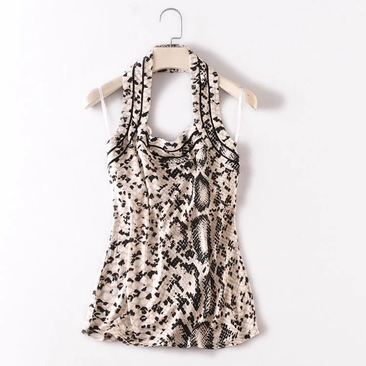

Women Summer Natural Silk Blouse Real Silk Sleeveless Sexy Casual Halter Tank Tops holiday Snake Print Top Silk Blouse for Women