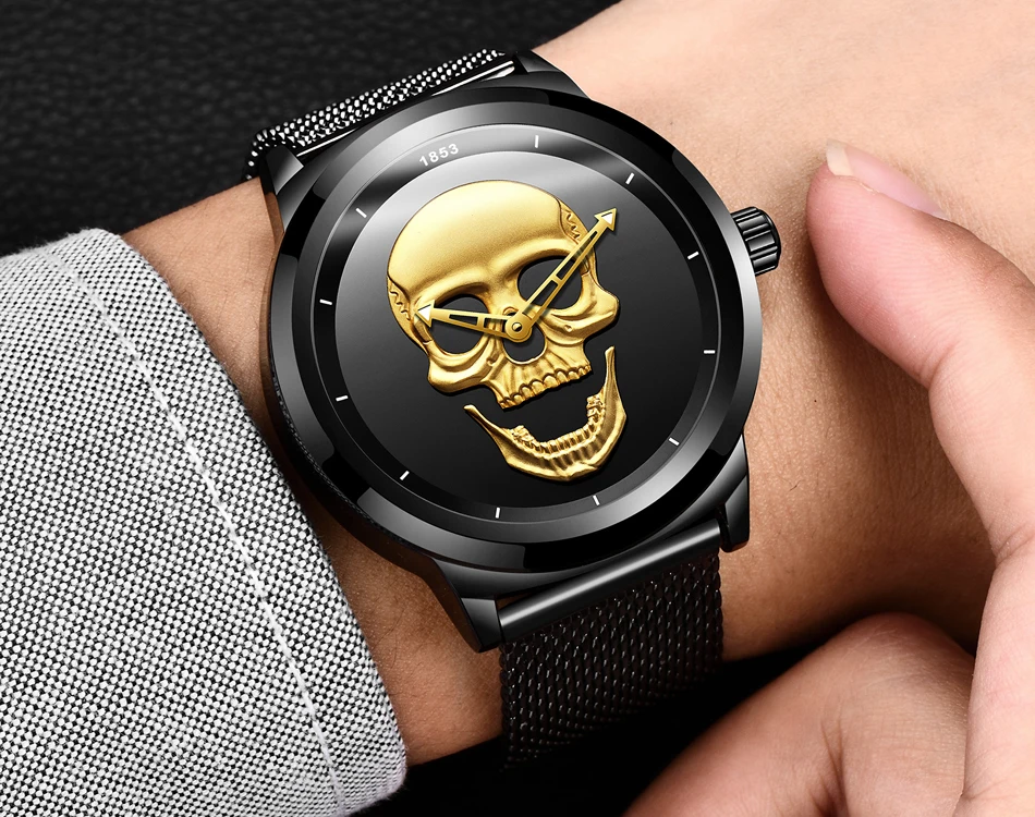 Крутые Панк 3D череп мужские часы бренд LIGE Роскошные Стальные кварцевые мужские часы водонепроницаемые ретро модные золотые черные часы Relogio