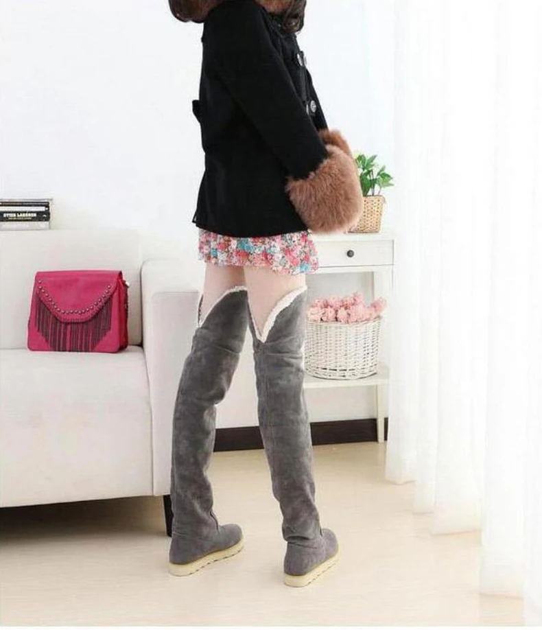 Women's Boots' Casual Lady Boot Over The Knee Long Winter Boots Women Flat Flock Leather Winter Snow Boots Women Plus Size 9 New (15)