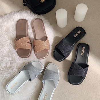 

Ins Shiny Women Shoes Summer Cross Solid Flat Sliders Vacation Casual Mules Beach Rubber Shoes Comfort Flip Flops Vogue Shoes