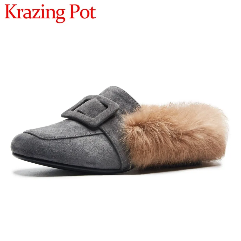 

2018 natural leather buckle belt luxury bushy rabbit fur slip on mules solid warmful simple style fairy low heels slippers L28