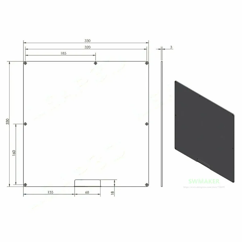 SWMAKER MK2A алюминиевая пластина с подогревом 330x330 мм для 3d принтера