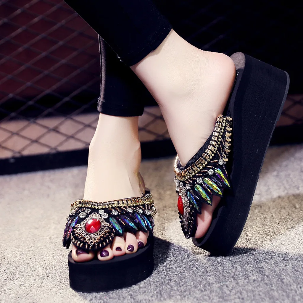 

ladies platform flip flops Retro Summer Women's Fashion Rhinestone Clip Toe Flats Open Toe Slippers Beach Shoes #XTN