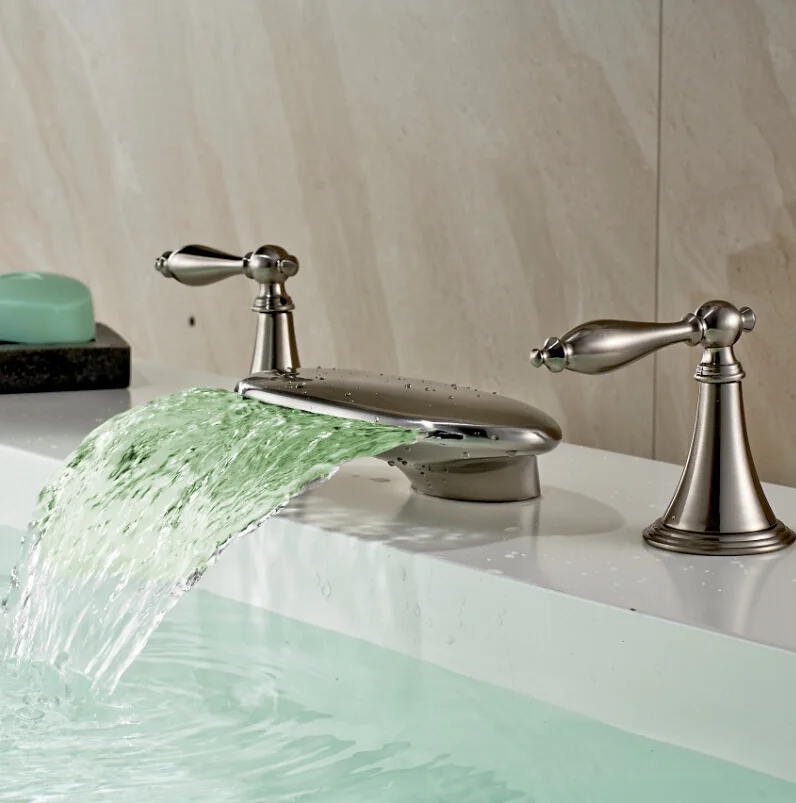 Luxury 3pcs Brushed Nickel LED Color Changing Basin Sink Mixer Faucet Waterfall Dual Handles LED Basin