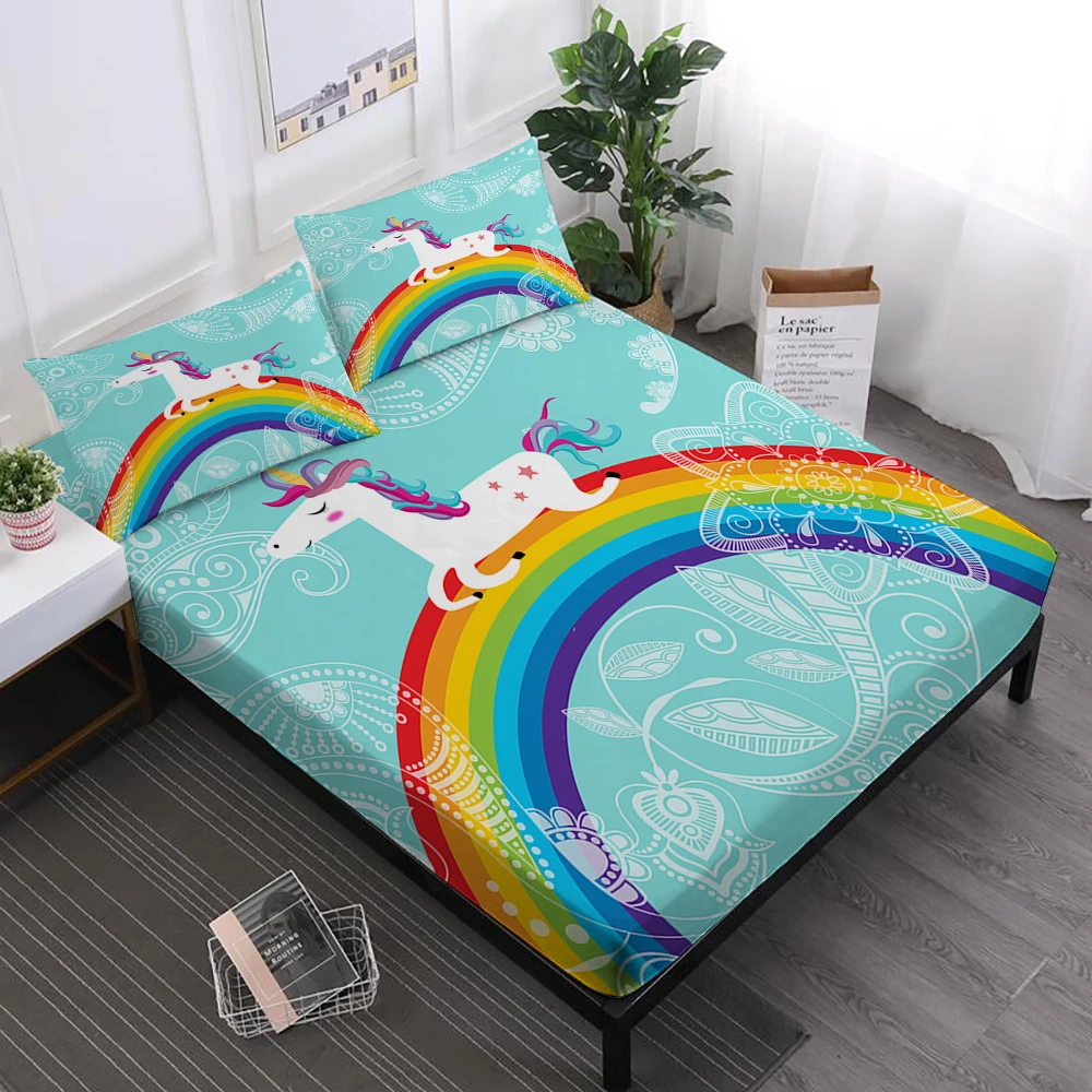 Kids Cartoon Unicorn Bed Sheets Colorful Rainbow Print Fitted Sheet ...