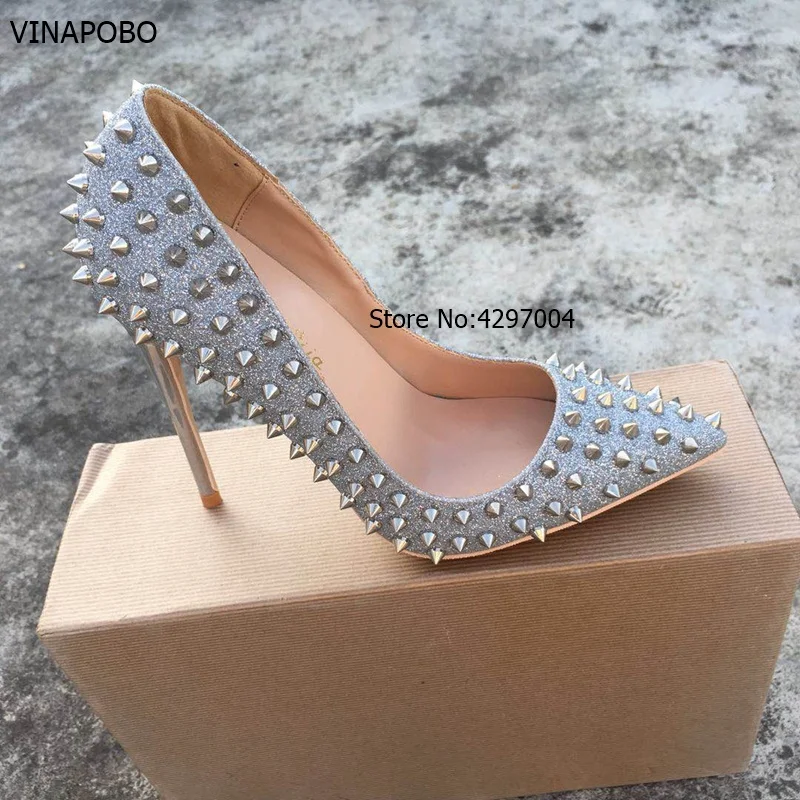 Vinapobo Glitter Spikes Women Fashion Shoes Studded Rivets Silver High Heels Lady Shoes stiletto pumps shoes plus size 35-43