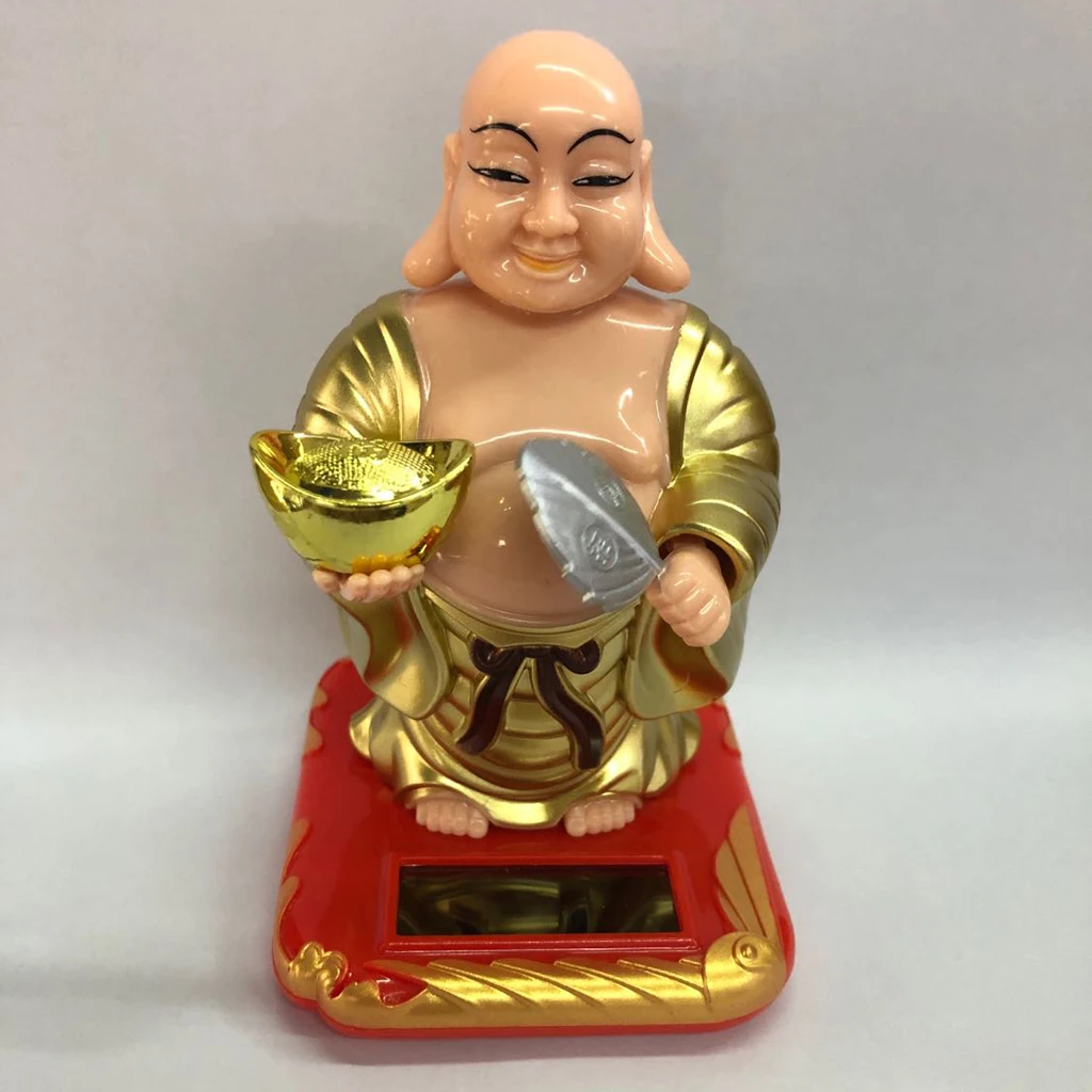 Feng Shui Decoration Solar Powered Waving Fan Lucky Wealth Happy Laughing Buddha -2.36x2.76x3.94inch