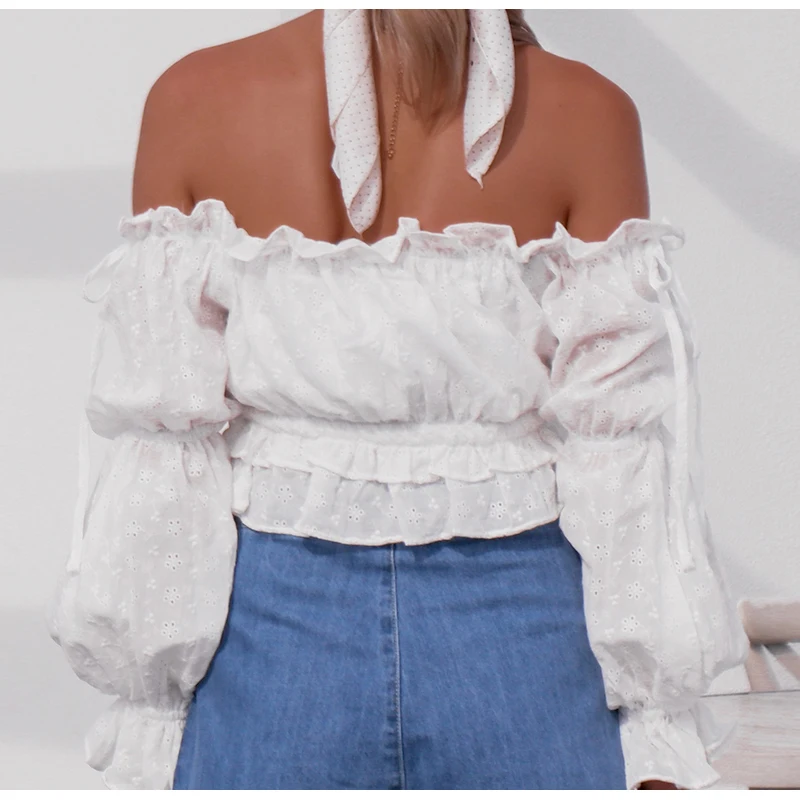 Fargeous Sexy Off Shoulder Slash Neck Women Crop Tops and Blouse Casual Holiday White Embroidery Beach Shirt Female Short Blouse