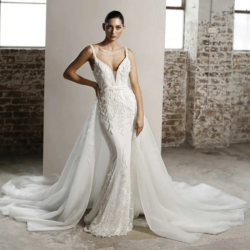 

Custom Made Detachable Train Sleeveless Mermaid Wedding Dresses Elegant Backless V-Neck Tulle Bridal Gown