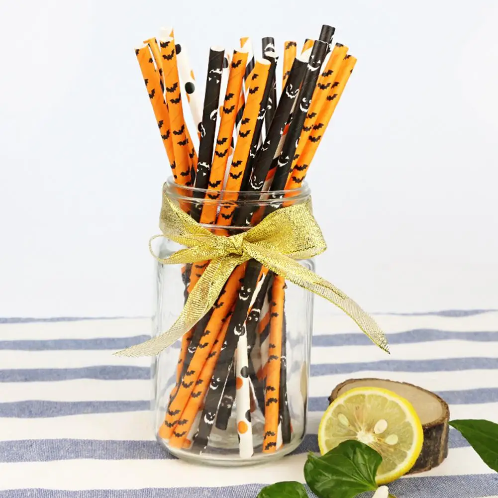 

25Pcs Paper Bat Printed Disposable Drinking Straw Halloween Party Decoration