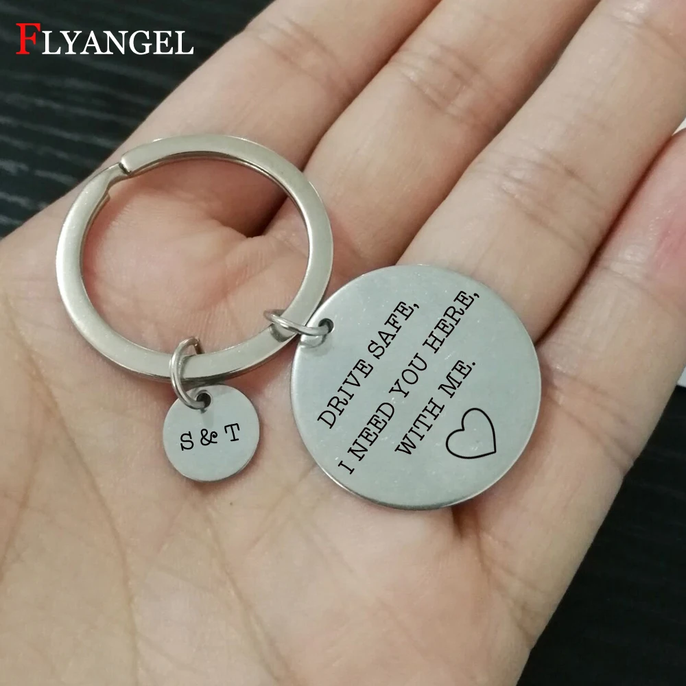 

Couples Jewelry Customized Name Keychain Stainless Steel Engraved Drive Safe I Need You Here With Me Heart Car Key Chain Keyring